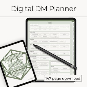 May include: A digital DM planner displayed on two tablets. One screen shows a cover with the text Dungeon Master Planner and Campaign Journal, while the other shows an index page with sections for world building, campaign, players, and quests. A black stylus rests on the screen. The text 147 page download is visible.