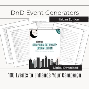 May include: A digital download titled "Modern Campaign Catalysts: Urban Edition" with a cityscape silhouette. The cover features a crescent moon and stars, with the text "100 Events to Enhance Your Campaign." Additional pages list urban encounters and locations.