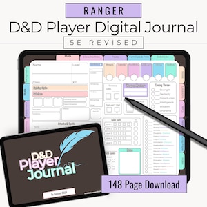 Könnte beinhalten: Ein digitales D&D Player Journal auf einem Tablet, mit einem kleineren Tablet, das das Logo des Journals anzeigt. Das Haupttablet zeigt ein detailliertes Charakterblatt mit Abschnitten für Statistiken, Zaubersprüche und Notizen. Ein Stift liegt auf dem Bildschirm. Der Text lautet "D&D Player Journal 5E Revised".