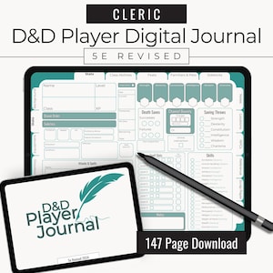 May include: Digital D&D Player Journal for Cleric class, 5E Revised. The image shows two tablets with journal pages, a stylus, and the text "147 Page Download". One tablet displays "D&D Player Journal" with a feather graphic.