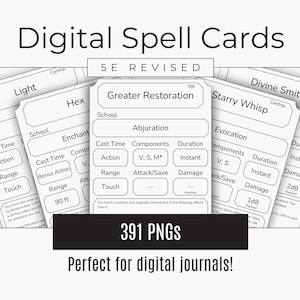 May include: Black and white printable spell cards for Dungeons and Dragons 5th Edition. The cards feature the names "Light", "Hex", "Greater Restoration", "Starry Whisp", and "Divine Smite".