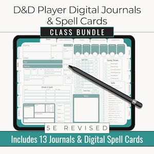 Könnte beinhalten: Ein digitales Tablet mit einem "D&D Player Digital Journals & Spell Cards Class Bundle". Der Bildschirm zeigt ein Charakterblatt mit Abschnitten für Werte, Fähigkeiten und Zaubersprüche. Ein schwarzer Stift liegt auf dem Bildschirm. Text enthält "5E Revised" und "Includes 13 Journals & Digital Spell Cards."