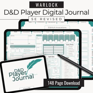 May include: Digital D&D Player Journal for Warlock class, 5E Revised. The image shows three tablets with journal pages, a stylus, and the text "D&D Player Journal" with a feather graphic. Includes 148 pages.