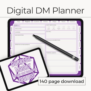 Puede incluir: Planificador digital de DM en una tableta, con una interfaz morada y blanca para la gestión de campañas. Incluye un lápiz óptico y una tableta más pequeña con el texto "Dungeon Master Planner and Campaign Journal". También incluye el texto "140 page download".