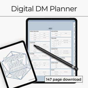 Puede incluir: Un planificador digital para Dungeon Masters, con una interfaz azul y gris que incluye secciones para la construcción del mundo, la campaña, los jugadores, los encuentros, los tesoros, la inspiración, las notas de la sesión, las páginas adicionales y las reglas. El planificador se muestra en una tableta con un lápiz óptico. El texto "Dungeon Master Planner and Campaign Journal" se muestra en una tableta separada. El texto "147 page download" se muestra en la parte inferior de la imagen.