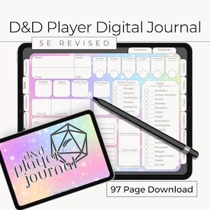 May include: A digital journal for Dungeons and Dragons players. The cover features a rainbow gradient background with a stylized D20 die and the text "D&D Player Journal". The journal is 97 pages long and is available for download.