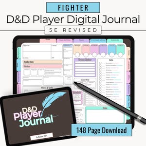 Könnte beinhalten: Ein digitales D&D Player Journal auf einem Tablet, mit dem Text "FIGHTER" oben. Das Journal enthält Abschnitte für Statistiken, Klassenfertigkeiten und Fähigkeiten. Ein kleineres Tablet zeigt das Logo des Journals. Der Text "148 Page Download" ist ebenfalls sichtbar.