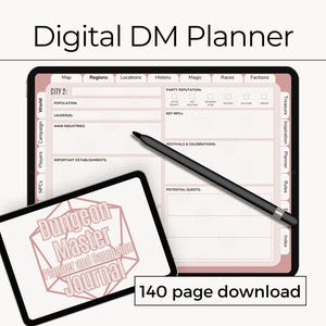 Puede incluir: Planificador de DM digital en una tableta con un lápiz óptico. La pantalla muestra un diseño rosa y blanco para la planificación de campañas, incluyendo secciones para PNJ, jugadores y construcción del mundo. Una tableta más pequeña muestra el texto "Dungeon Master Planner and Campaign Journal".