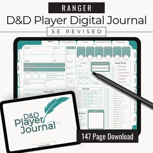 Könnte beinhalten: Digitales D&D Player Journal für 5E Revised, mit einem türkis-weißen Design. Das Bild zeigt zwei Tablets, eines mit einem Charakterbogen und das andere mit dem Logo des Journals. Ein Stift zeigt auf den Charakterbogen. Der Text lautet "147 Page Download."