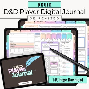Könnte beinhalten: Digitales D&D Player Journal für 5E Revised, mit einem Tablet mit Charakterbögen und einem Stift. Das Journal enthält Abschnitte für Werte, Wildform, Klassenfertigkeiten und Rettungswürfe. Das Journal enthält auch den Text "D&D Player Journal" und "149 Page Download".