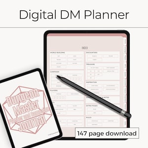 Puede incluir: Un planificador digital para Dungeon Masters, con un diseño rosa y blanco con un icono de dado de 20 caras. El planificador incluye secciones para la creación de mundos, la campaña, los jugadores, los encuentros, los tesoros, la inspiración, las sesiones y las notas, páginas adicionales, las reglas y un índice. El planificador es una descarga de 147 páginas.