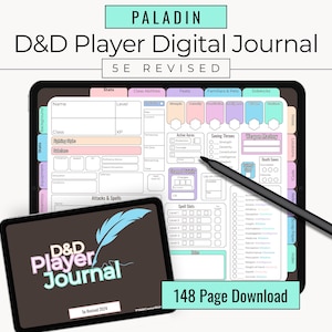 Könnte beinhalten: Digitales D&D Player Journal für 5E Revised, mit detailliertem Charakterbogen-Layout. Enthält ein kleineres Tablet mit dem Logo des Journals und einen Stift. Das Haupttablet zeigt Charakterwerte, Klassenfertigkeiten und Zauberslots an.
