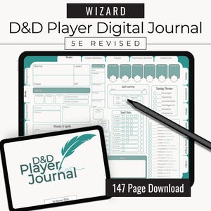 Könnte beinhalten: Digitales D&D Player Journal auf einem Tablet, mit einem kleineren Tablet, das das Logo des Journals zeigt. Das Journal hat Abschnitte für Statistiken, Zaubersprüche und Rettungswürfe. Der Text auf dem Bild lautet "WIZARD D&D Player Digital Journal 5E REVISED" und "147 Page Download".