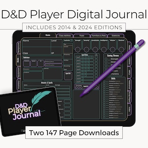 May include: A digital D&D Player Digital Journal displayed on a tablet screen, featuring a dark interface with character stats, spell slots, and skill lists. A purple stylus rests on the screen, and a smaller tablet shows the D&D Player Journal logo.