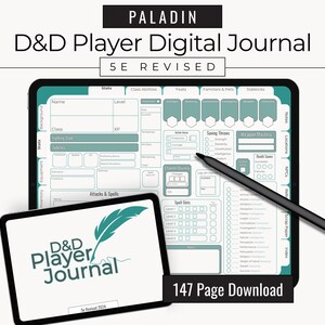 Könnte beinhalten: Ein digitales D&D Player Journal auf einem Tablet, mit einem kleineren Tablet, das das Cover des Journals anzeigt. Das Journal hat ein türkis-weißes Design mit Abschnitten für Statistiken, Zaubersprüche und mehr. Der Text lautet "PALADIN D&D Player Digital Journal 5E REVISED" und "147 Page Download."