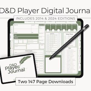 Digitaal dnd-spelerdagboek | Goodnotes Green Dungeons and Dragons-dagboek | Gelinkt campagnenotitieblok | Tekenblad | 2014 en 2024