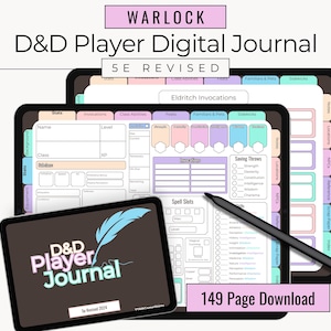 May include: Digital D&D Player Journal for Warlock class, 5E Revised. The image shows a tablet with a digital journal layout, a stylus, and the text "D&D Player Journal". The journal includes sections for stats, invocations, and spells.