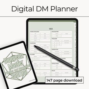 Könnte beinhalten: Ein digitaler Planer für Dungeon Master, mit einem grün-weißen Design und Abschnitten für Weltbau, Kampagne, Spieler, Begegnungen, Schätze, Inspiration, Sitzungsnotizen, zusätzliche Seiten und Regeln. Der Planer umfasst 147 Seiten.