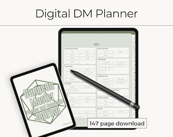 Dungeon Master Vertical Campaign Journal | Fully Hyper-linked Digital Notebook | 147 pages | Green Minimalist | Session Planner | DnD DM 5e