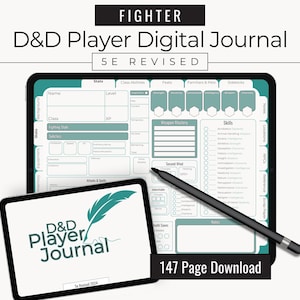 Könnte beinhalten: Ein digitales D&D Player Journal auf einem Tablet, mit einem kleineren Tablet, das das Logo anzeigt. Das Journal enthält Abschnitte für Statistiken, Fähigkeiten und Waffenbeherrschung. Der Text "FIGHTER" und "5E REVISED" sind sichtbar.