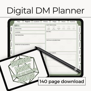 Puede incluir: Un planificador digital para Dungeon Masters, con una portada verde y negra con el texto "Dungeon Master Planner and Campaign Journal". El planificador está abierto en una página con secciones para mapa, regiones, ubicaciones, historia, magia, razas, facciones, reputación del grupo, PNJ clave, festivales y celebraciones, y misiones adicionales. El texto "140 page download" está en la parte inferior de la imagen.
