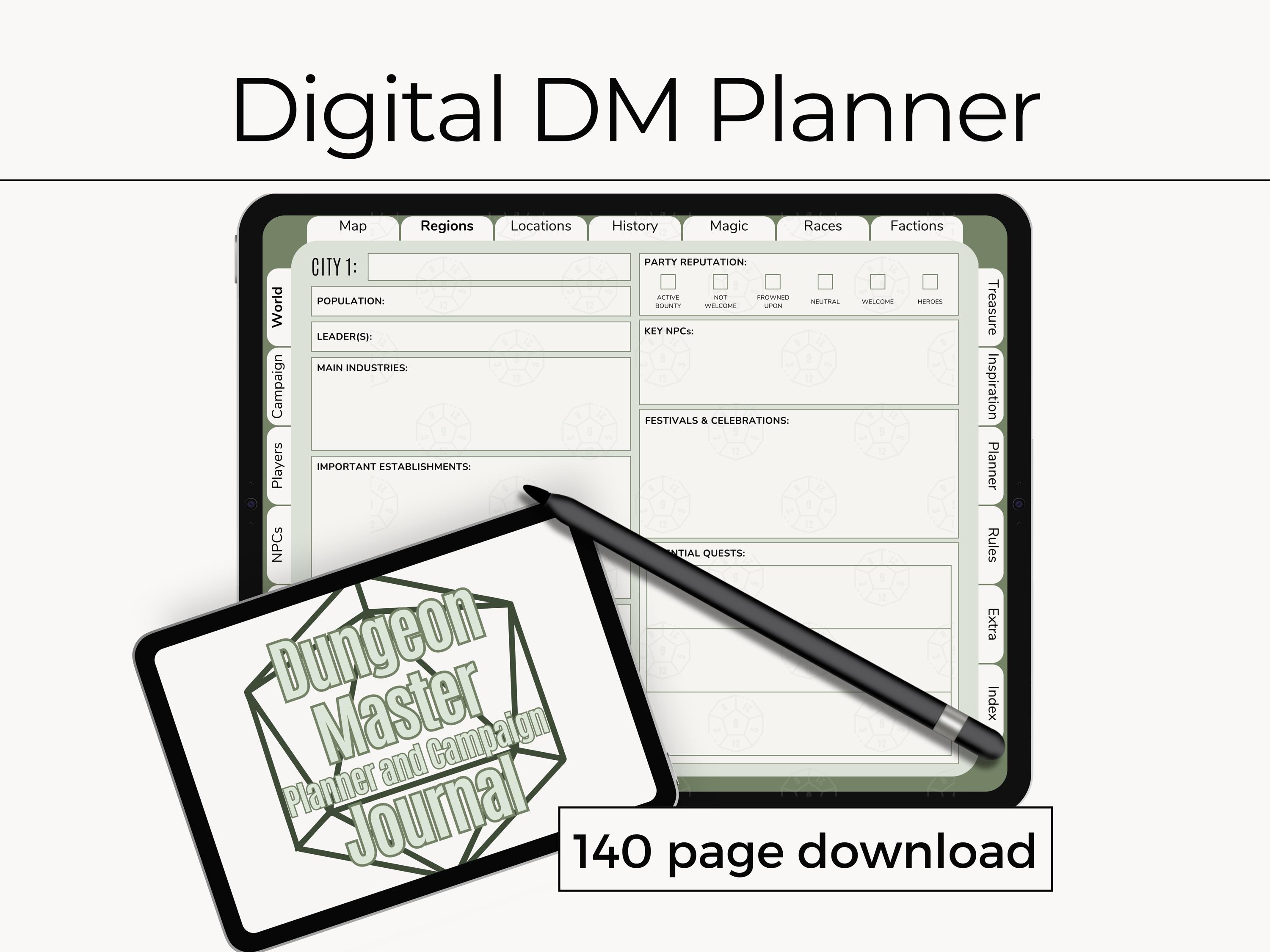 Dungeon Master Journal | Fully Hyper-linked Digital Journal | 140 pages | Green Minimalist | Dungeons and Dragons | Session Planner | DnD DM
