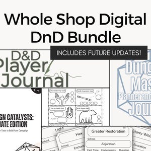 D&D Shop Bündel | Beinhaltet zukünftige Updates | Charakterbögen | Spieler Journals | DM Werkzeuge & Notizbücher | Dungeons and Dragons | Digital