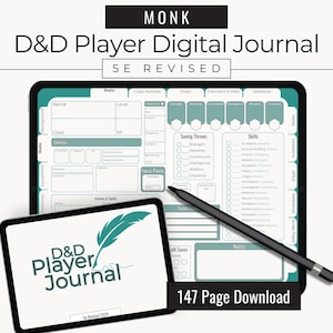 May include: Digital D&D Player Journal for the Monk class, 5E Revised. The image shows a tablet displaying a character sheet, a smaller tablet with the journal's logo, and a stylus. The journal includes sections for stats, skills, and notes. The download is 147 pages.