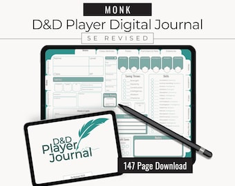 Digitales DnD Player Journal: Mönch | 5e Überarbeitet 2024 | 147 Seiten | Stats, Listing, Listing, NPCs, Listings | Türkis Grün | Minimalistisch | Notizen