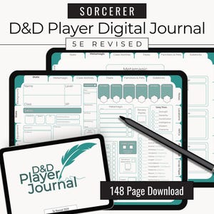 May include: Digital D&D Player Journal for Sorcerers, 5E Revised. The image shows three tablets displaying character sheets, with a stylus. The journal includes sections for stats, class abilities, and more. The text "148 Page Download" is visible.