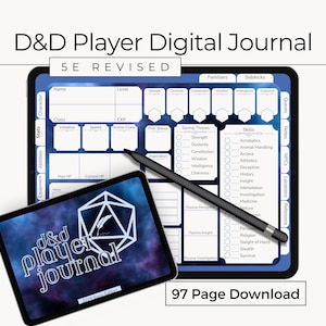 Könnte beinhalten: Ein digitales Journal für Dungeons and Dragons Spieler. Das Journal hat einen blauen und violetten Galaxie-Hintergrund mit einem weißen D20-Würfel in der Mitte. Das Journal ist 97 Seiten lang und zum Download verfügbar. Der Text "D&D Player Digital Journal 5E Revised" befindet sich oben im Bild.