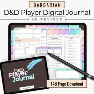 May include: A digital D&D Player Journal on a tablet, with a smaller tablet displaying the title and a feather graphic. The main tablet shows character sheets and the text "BARBARIAN" and "5E REVISED". A stylus rests on the screen. The text "148 Page Download" is visible.