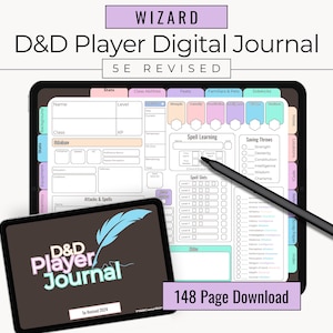 Könnte beinhalten: Digitales D&D Player Journal für 5E Revised, mit detailliertem Charakterbogen-Layout. Enthält Abschnitte für Werte, Klassenfertigkeiten, Zaubersprüche und Notizen. Das Bild zeigt zwei Tablets, eines mit dem geöffneten Journal.