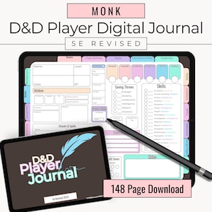 Könnte beinhalten: Digitales D&D Player Journal auf einem Tablet, mit einem kleineren Tablet, das das Cover zeigt. Das Journal enthält Abschnitte für Statistiken, Klassenfertigkeiten und Fähigkeiten. Ein Stift liegt auf dem Bildschirm. Der Text lautet "D&D Player Digital Journal 5E Revised".