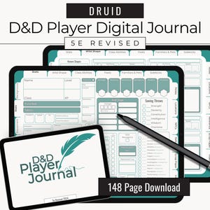 May include: Digital D&D Player Journal for 5E Revised, featuring a tablet with a detailed character sheet layout. The image includes the text "DRUID" and "148 Page Download". A stylus rests on the screen.