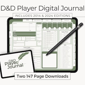 Pode incluir: Um diário digital para jogadores de D&D exibido em uma tela de tablet com uma caneta stylus, apresentando elementos de interface em verde sálvia e branco, campos de estatísticas de personagem, espaços de magia e listas de habilidades. Inclui texto: D&D Player Digital Journal, INCLUDES 2014 & 2024 EDITIONS, Two 147 Page Downloads.