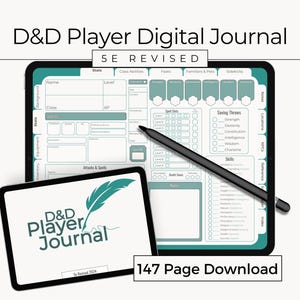 May include: A digital D&D Player Digital Journal 5E Revised displayed on two tablets. The screen shows a character sheet with stats, spell slots, and skills in teal and white. A black stylus rests on the larger screen. Text reads 147 Page Download.