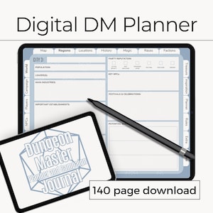 Puede incluir: Un planificador de DM digital en una tableta con un lápiz óptico y una tableta más pequeña con el texto "Dungeon Master Planner and Campaign Journal". La tableta principal muestra un diseño de campaña. La imagen también incluye el texto "140 page download."