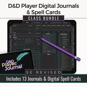 Könnte beinhalten: Digitales D&D Player Journals und Spell Cards Class Bundle. Das Bild zeigt zwei Tablets mit einem lila Stift. Das größere Tablet zeigt ein Charakterblatt, und das kleinere Tablet zeigt das D&D Player Journal Logo.