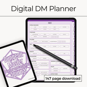 Puede incluir: Un planificador de DM digital en una tableta, con un lápiz óptico y una segunda tableta que muestra "Dungeon Master Planner and Campaign Journal". La tableta principal muestra un índice con secciones para la construcción del mundo, la campaña, los jugadores y las misiones. El texto "147 page download" también es visible.