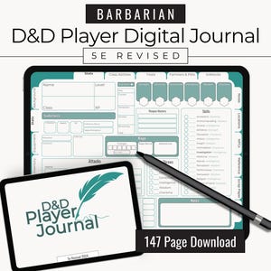 Könnte beinhalten: Digitales D&D Player Journal für 5E Revised, mit einem Tablet mit Charakterbogen und einem kleineren Tablet mit dem Logo des Journals. Enthält einen Stift und den Text "147 Page Download". Das Journal ist für Rollenspiele.