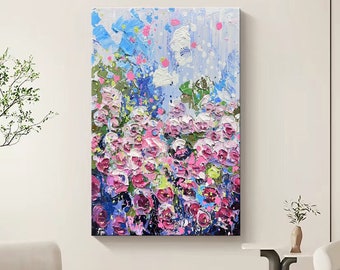 Original Rose Flower Oil Painting Canvas Large Purple Bloom Wall Art Pink Floral Art Custom Texture Colorful Painting Living Room Decor Gift