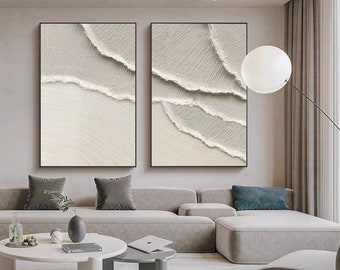 Originale 3D-Wandkunst in Beige, minimalistisch, strukturiert, ein Set aus zwei Meereswellengemälden auf Leinwand, neutrales Wabi-Sabi-Wandkunst-Wohnzimmergemälde