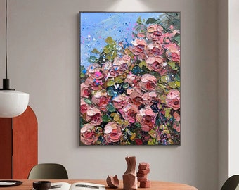 Original Rose Flower Oil Painting on Canvas Large Pink Bloom Wall Art Abstract Floral Art Custom Painting Living Room Decor Gift