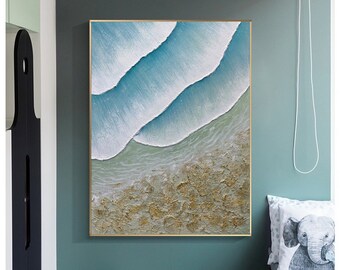 Ocean Wave Painting Large Coastal Painting On Canvas Seascape Painting Palette Knife Painting Sea Sky Painting Gold Blue Painting