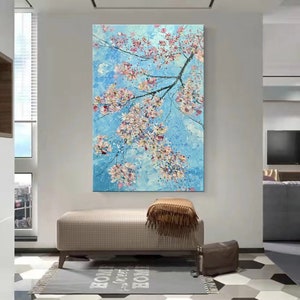 Original Cherry Blossom Textured Oil Painting Flower Canvas Art Hand-Painted Floral Wall Decor Tree Artwork Colorful Modern Home Decor