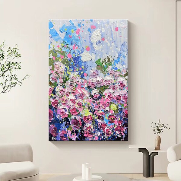 Original Rose Flower Oil Painting Canvas Large Purple Bloom Wall Art Pink Floral Art Custom Texture Colorful Painting Living Room Decor Gift