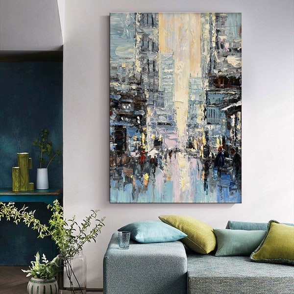 Original Street Painting on Canvas Abstract Street Wall Art Large City Building Painting Urban Street Art Cityscape Decor For Living Room