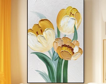 Dipinto ad olio originale di fiori di tulipano su tela, arte murale floreale personalizzata, pittura floreale, grande arte murale, decorazione per la casa del soggiorno