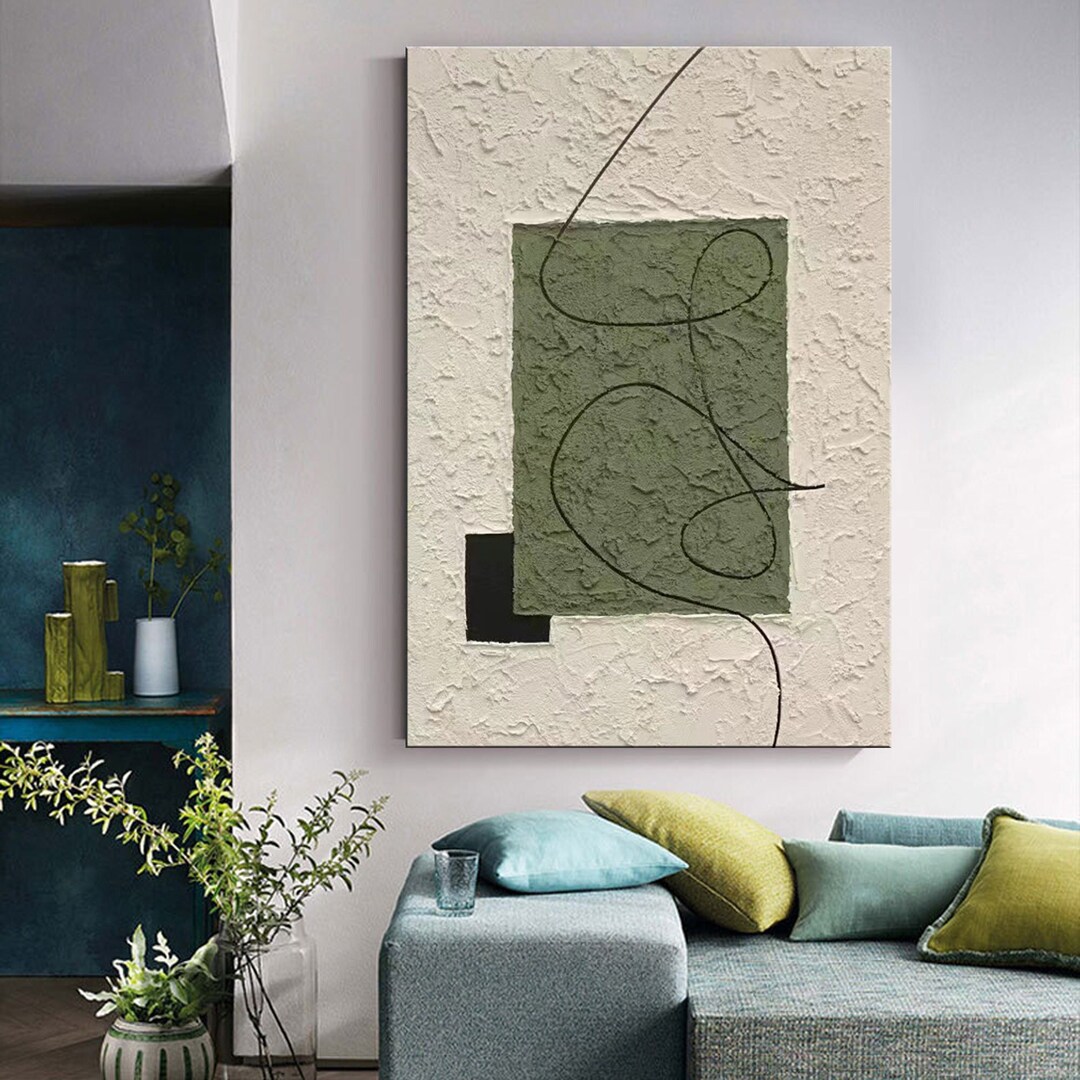 Large Beige Green Wall Art Green Minimalist Painting Canvas Green Abstract Painting Green Modern ...